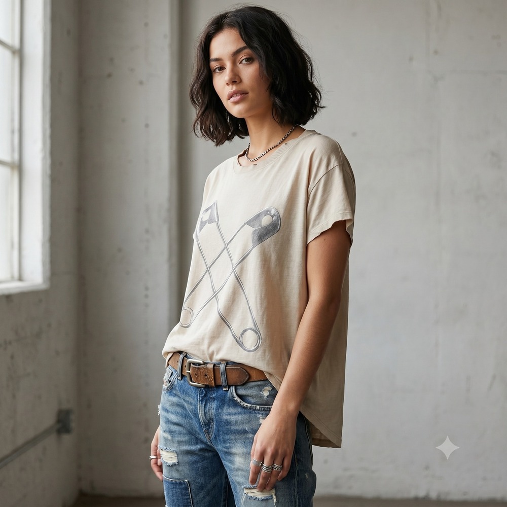 Diesel Womens Top XL Beige Safety Pin Graphic Short Sleeve Tee Grunge Edgy Rock